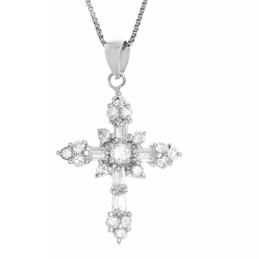 Ladies Sterling Silver 16 Inch Cubic Zirconia 20mm Cross Necklace